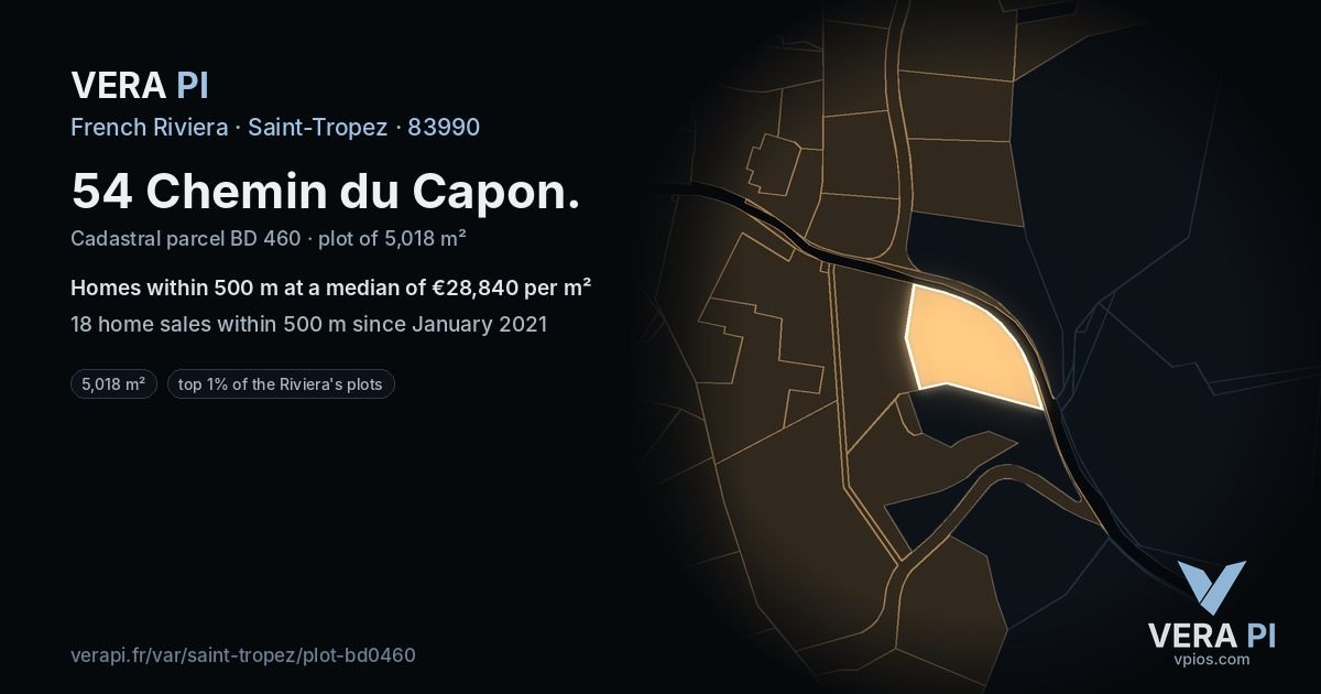 54 Chemin du Capon, Saint-Tropez at night – the plot lit, the parcels around coloured by the prices near them