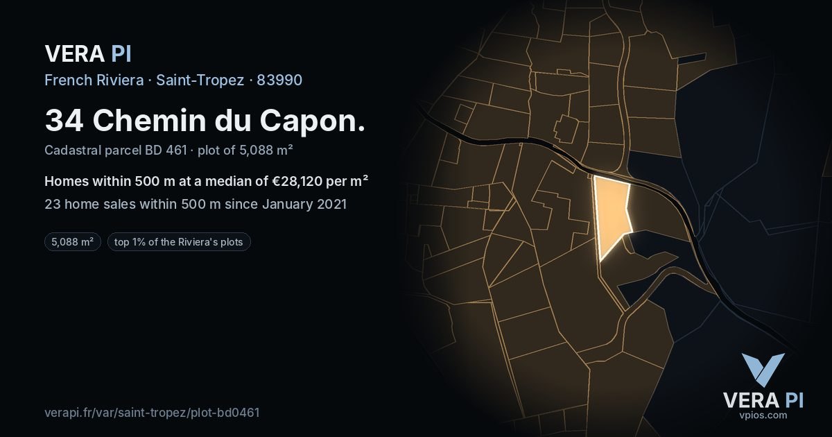 34 Chemin du Capon, Saint-Tropez at night – the plot lit, the parcels around coloured by the prices near them