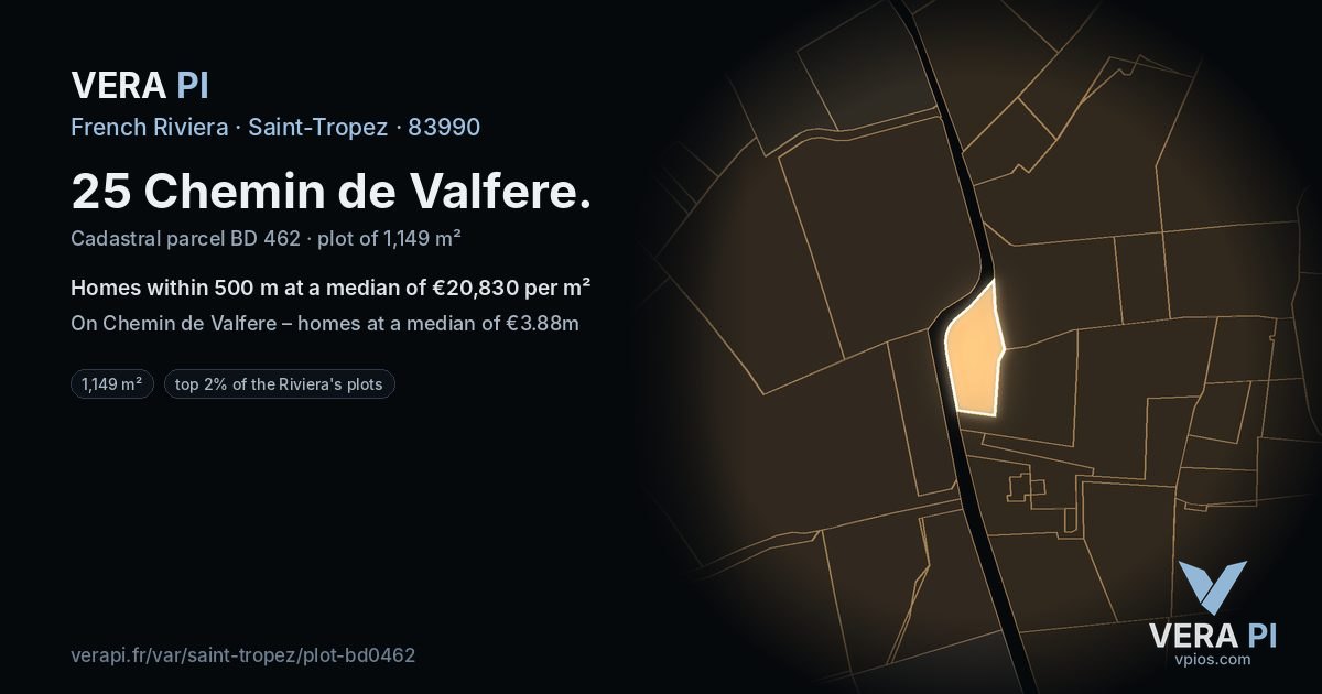 25 Chemin de Valfere, Saint-Tropez at night – the plot lit, the parcels around coloured by the prices near them