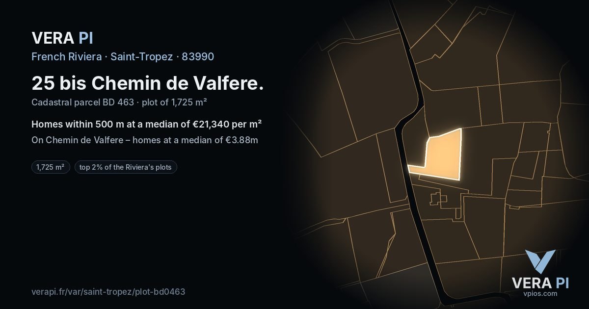 25 bis Chemin de Valfere, Saint-Tropez at night – the plot lit, the parcels around coloured by the prices near them