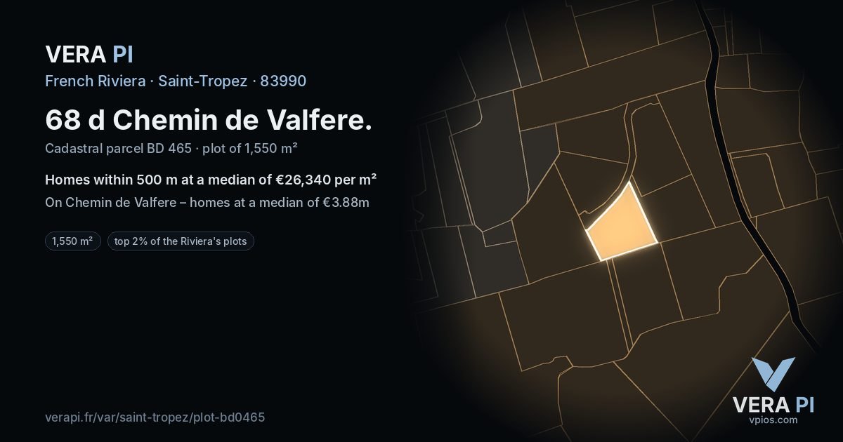68 d Chemin de Valfere, Saint-Tropez at night – the plot lit, the parcels around coloured by the prices near them
