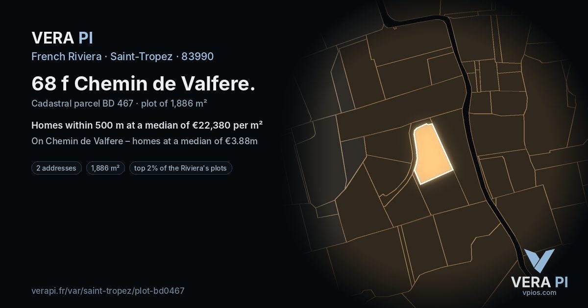 68 f Chemin de Valfere, Saint-Tropez at night – the plot lit, the parcels around coloured by the prices near them