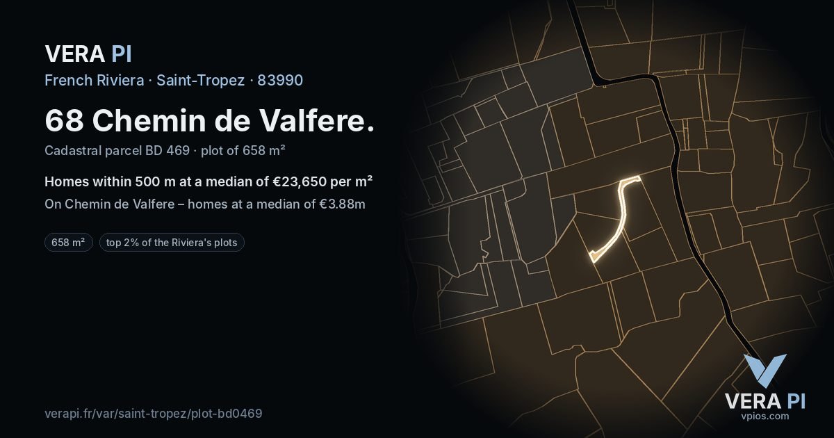 68 Chemin de Valfere, Saint-Tropez at night – the plot lit, the parcels around coloured by the prices near them