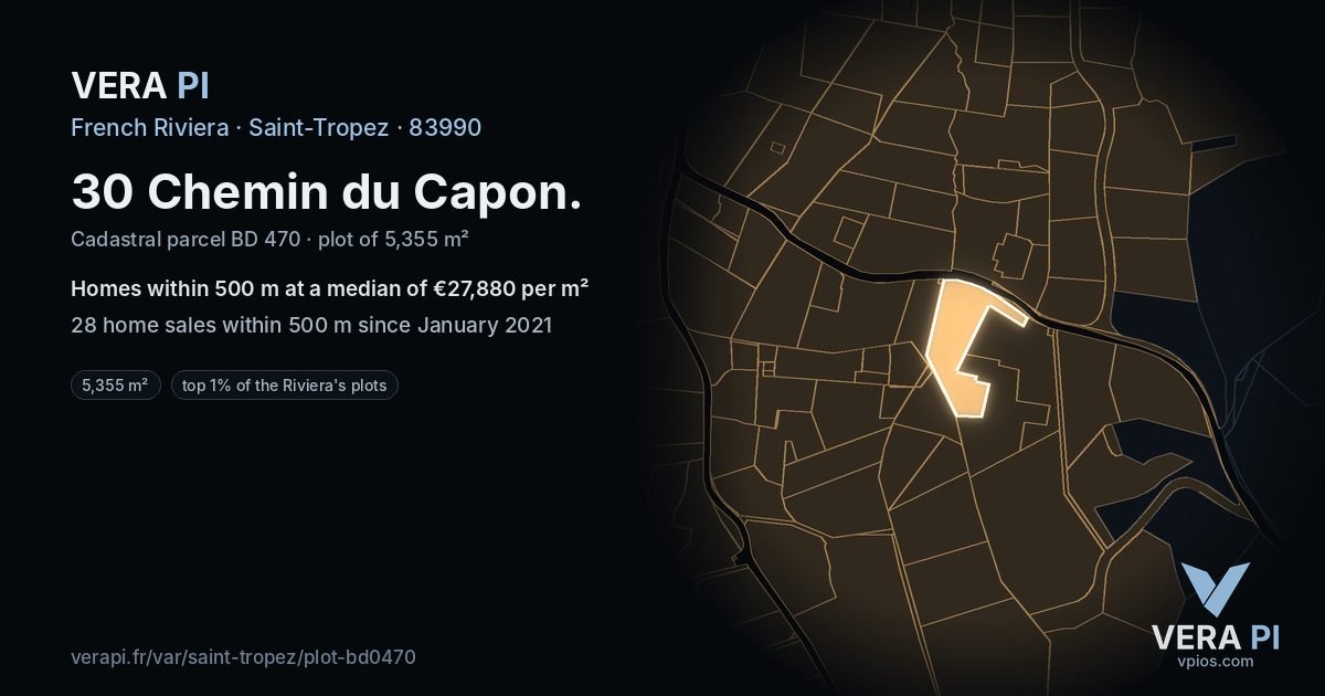 30 Chemin du Capon, Saint-Tropez at night – the plot lit, the parcels around coloured by the prices near them