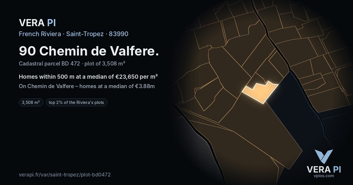90 Chemin de Valfere, Saint-Tropez at night – the plot lit, the parcels around coloured by the prices near them