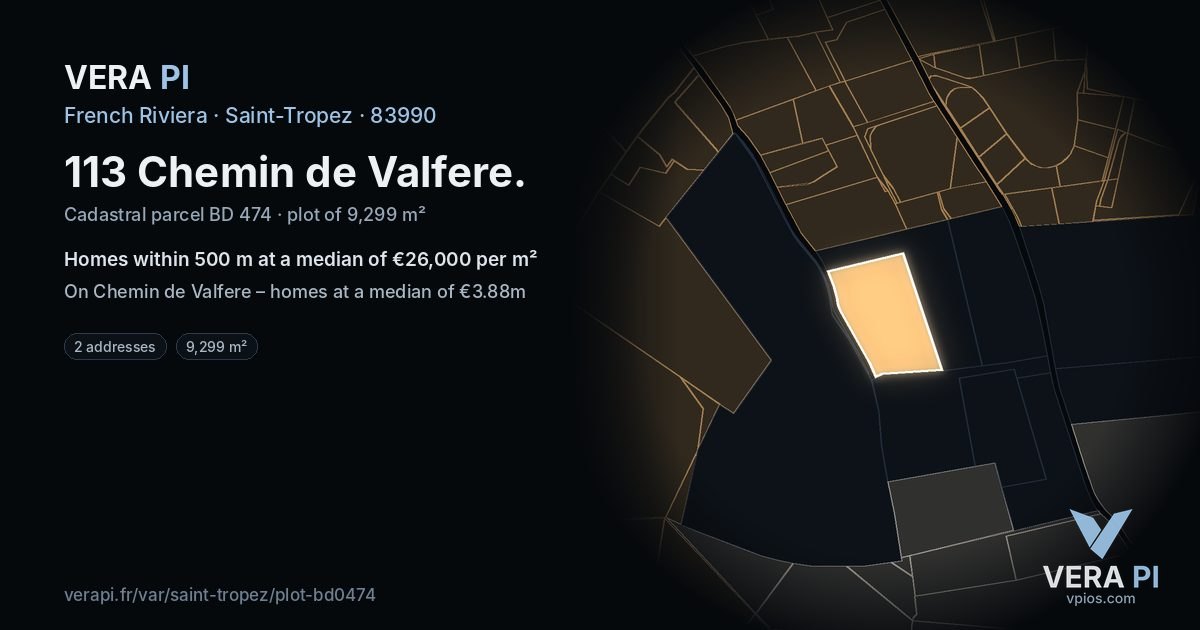 113 Chemin de Valfere, Saint-Tropez at night – the plot lit, the parcels around coloured by the prices near them