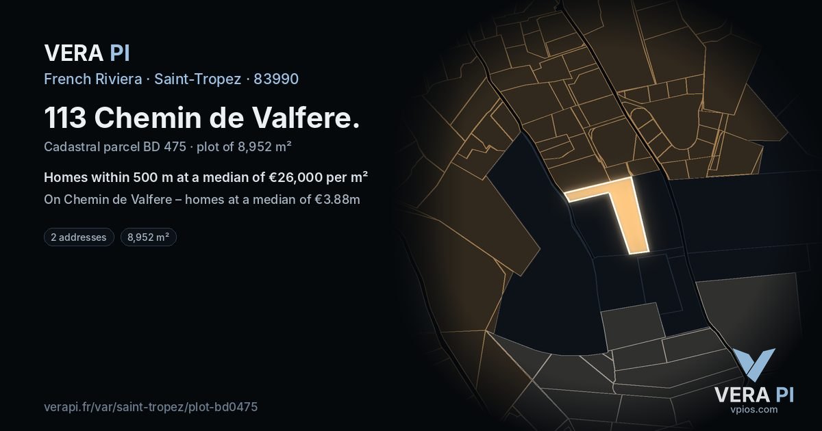 113 Chemin de Valfere, Saint-Tropez at night – the plot lit, the parcels around coloured by the prices near them