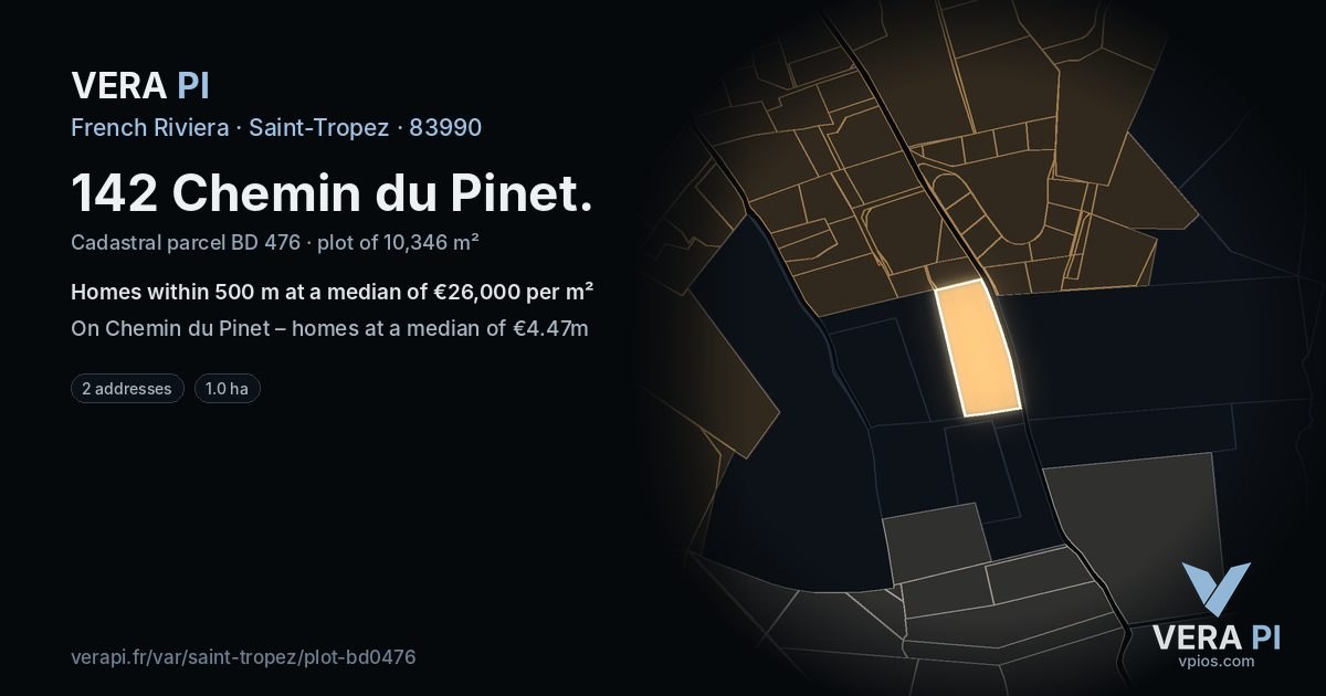 142 Chemin du Pinet, Saint-Tropez at night – the plot lit, the parcels around coloured by the prices near them
