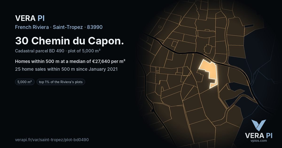 30 Chemin du Capon, Saint-Tropez at night – the plot lit, the parcels around coloured by the prices near them