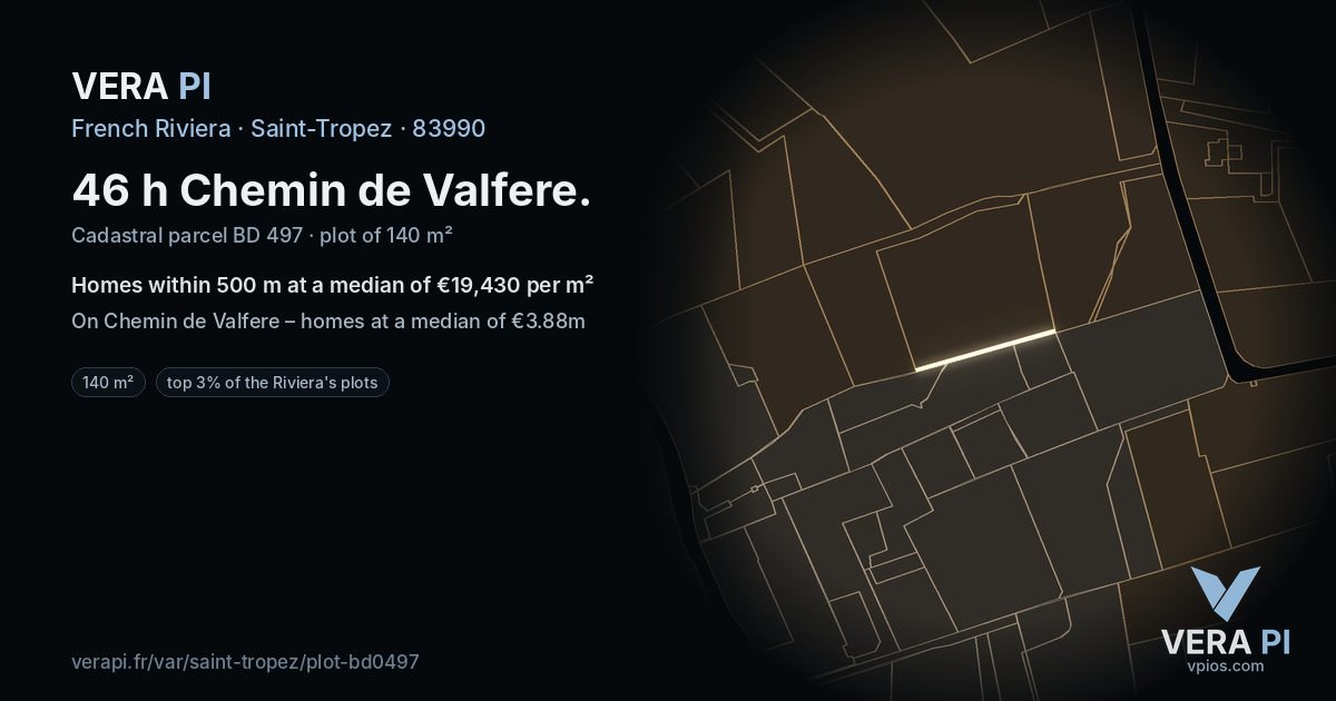 46 h Chemin de Valfere, Saint-Tropez at night – the plot lit, the parcels around coloured by the prices near them