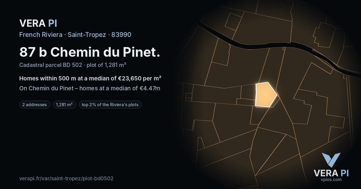 87 b Chemin du Pinet, Saint-Tropez at night – the plot lit, the parcels around coloured by the prices near them