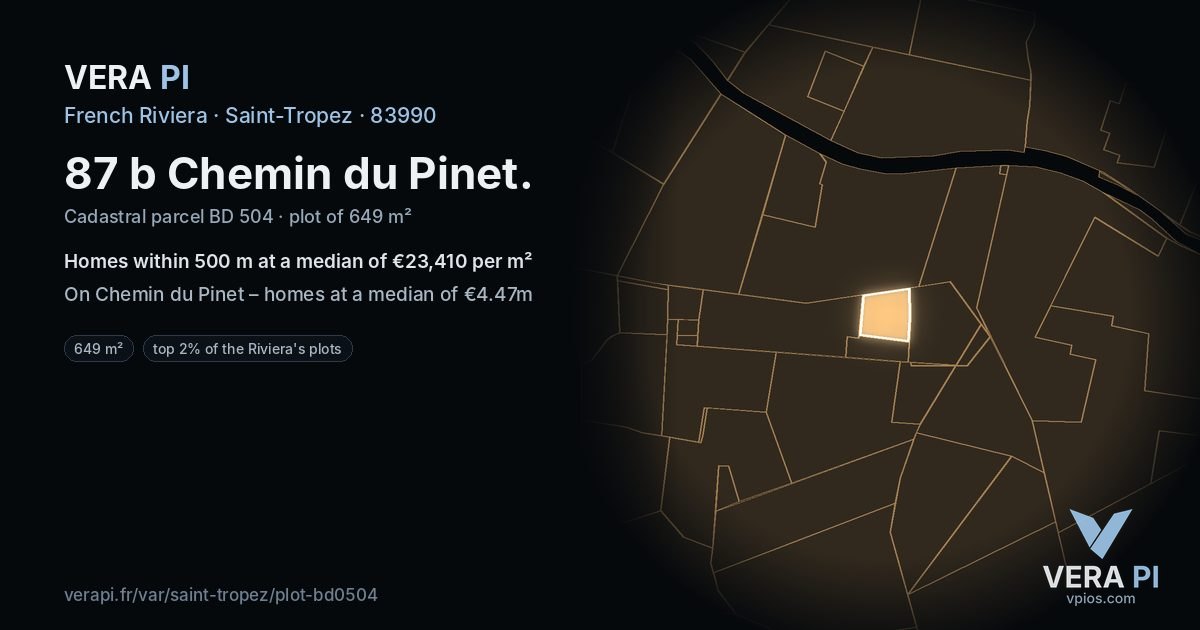 87 b Chemin du Pinet, Saint-Tropez at night – the plot lit, the parcels around coloured by the prices near them
