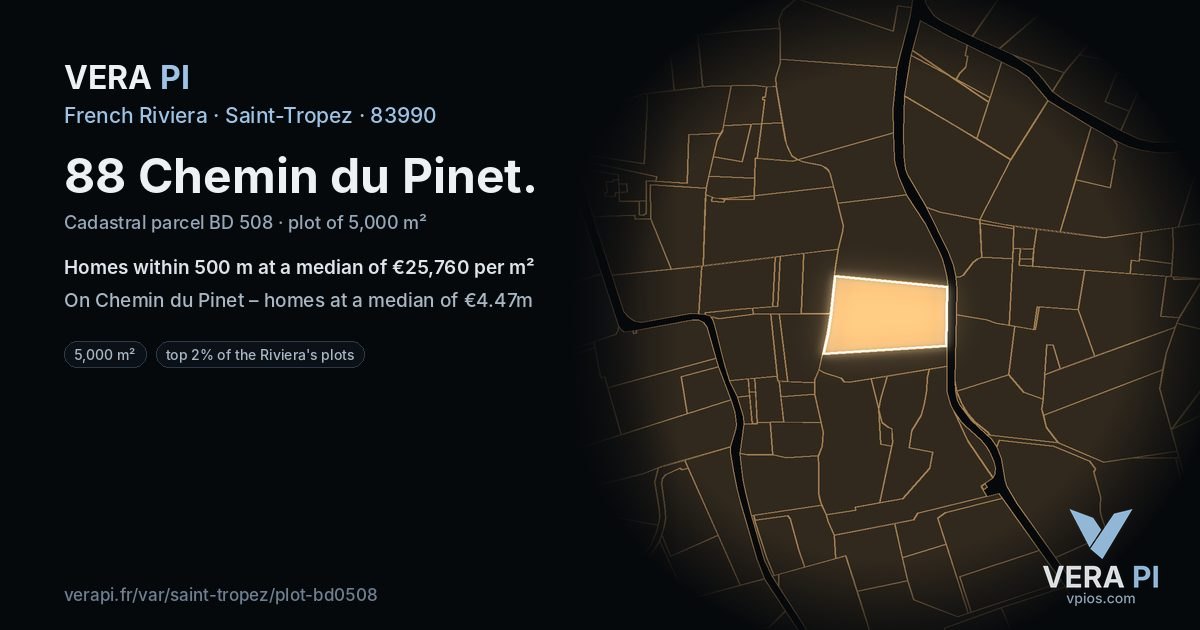 88 Chemin du Pinet, Saint-Tropez at night – the plot lit, the parcels around coloured by the prices near them