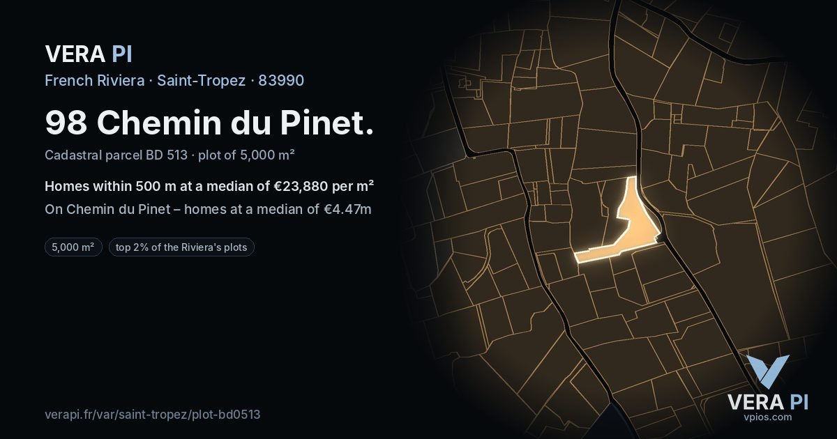 98 Chemin du Pinet, Saint-Tropez at night – the plot lit, the parcels around coloured by the prices near them