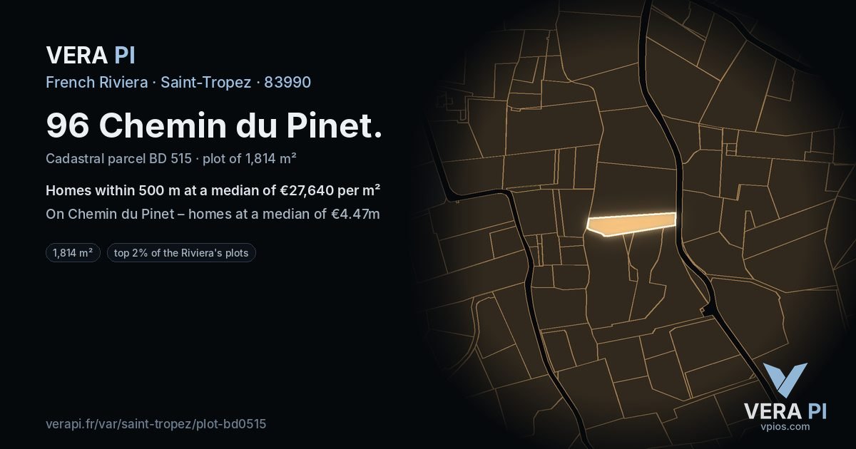 96 Chemin du Pinet, Saint-Tropez at night – the plot lit, the parcels around coloured by the prices near them