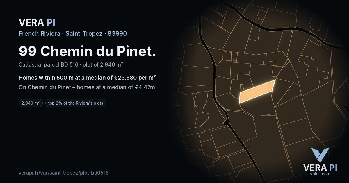 99 Chemin du Pinet, Saint-Tropez at night – the plot lit, the parcels around coloured by the prices near them