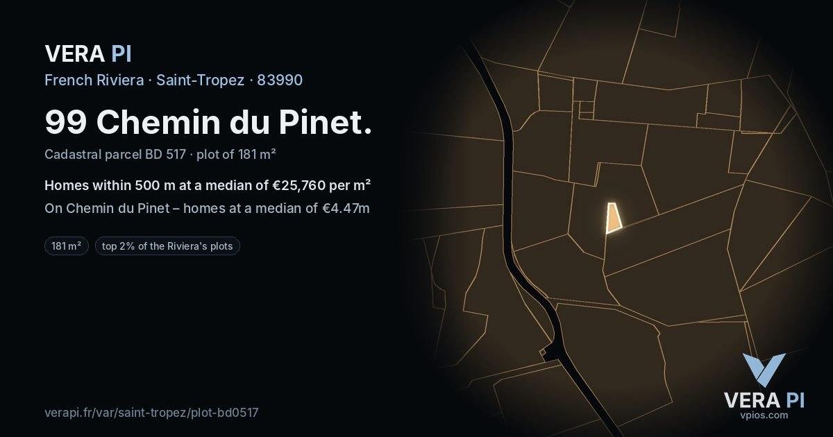 99 Chemin du Pinet, Saint-Tropez at night – the plot lit, the parcels around coloured by the prices near them