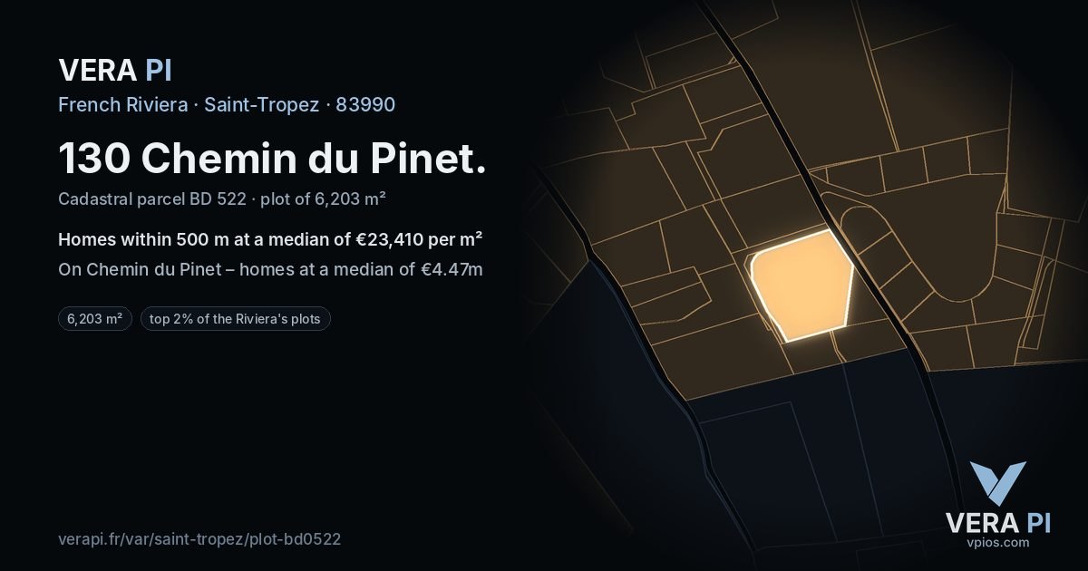 130 Chemin du Pinet, Saint-Tropez at night – the plot lit, the parcels around coloured by the prices near them