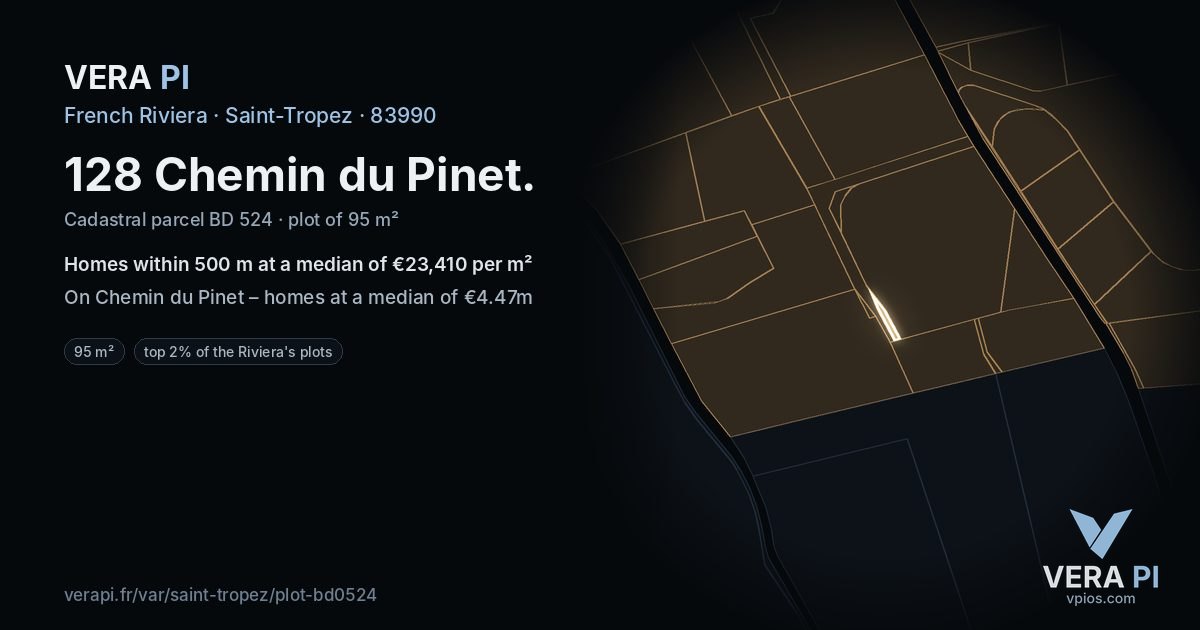 128 Chemin du Pinet, Saint-Tropez at night – the plot lit, the parcels around coloured by the prices near them