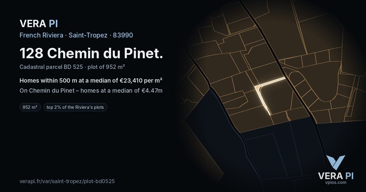 128 Chemin du Pinet, Saint-Tropez at night – the plot lit, the parcels around coloured by the prices near them