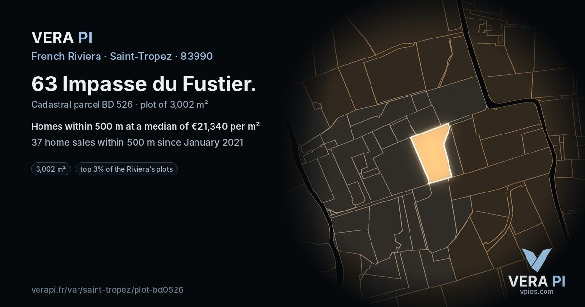 63 Impasse du Fustier, Saint-Tropez at night – the plot lit, the parcels around coloured by the prices near them