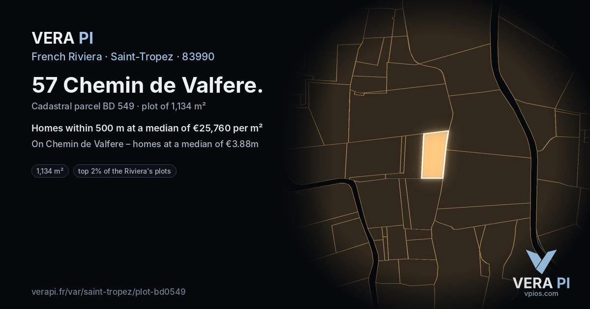 57 Chemin de Valfere, Saint-Tropez at night – the plot lit, the parcels around coloured by the prices near them