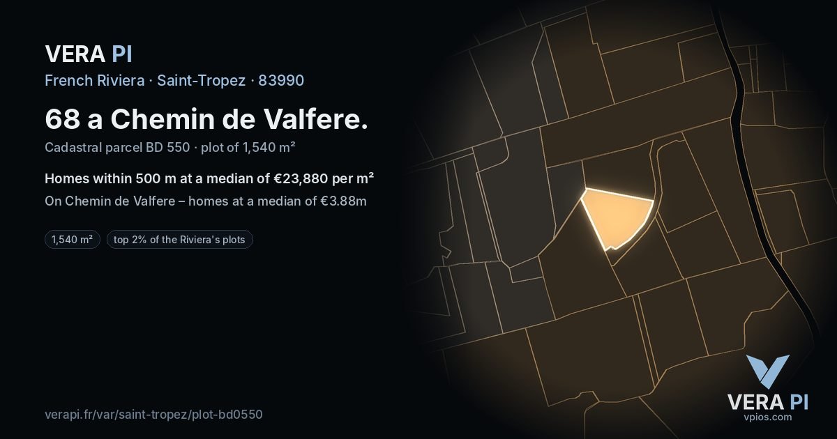 68 a Chemin de Valfere, Saint-Tropez at night – the plot lit, the parcels around coloured by the prices near them