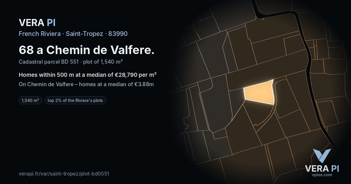 68 a Chemin de Valfere, Saint-Tropez at night – the plot lit, the parcels around coloured by the prices near them