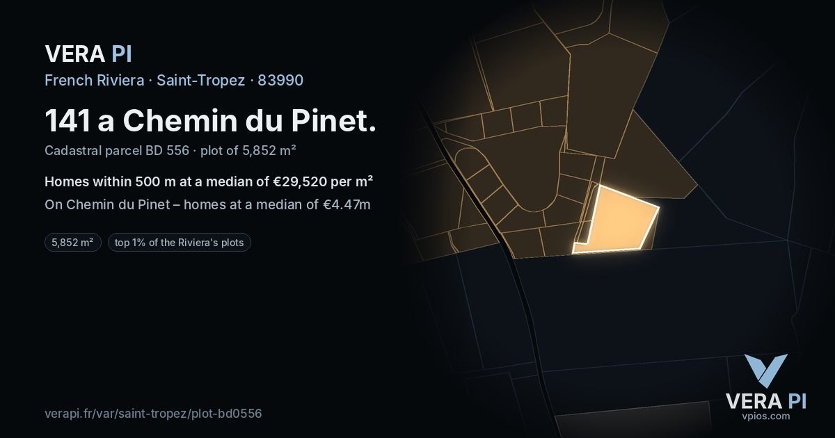 141 a Chemin du Pinet, Saint-Tropez at night – the plot lit, the parcels around coloured by the prices near them
