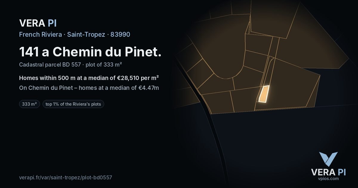 141 a Chemin du Pinet, Saint-Tropez at night – the plot lit, the parcels around coloured by the prices near them
