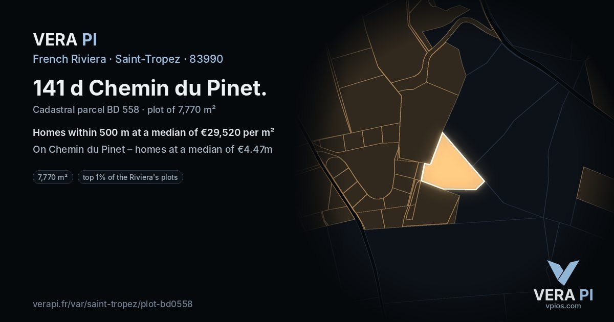 141 d Chemin du Pinet, Saint-Tropez at night – the plot lit, the parcels around coloured by the prices near them