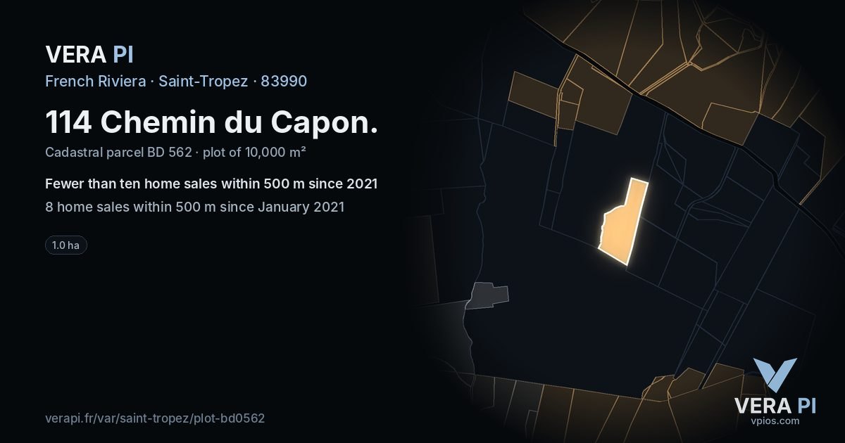 114 Chemin du Capon, Saint-Tropez at night – the plot lit, the parcels around coloured by the prices near them