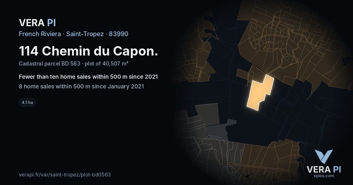 114 Chemin du Capon, Saint-Tropez at night – the plot lit, the parcels around coloured by the prices near them