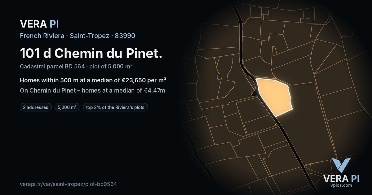 101 d Chemin du Pinet, Saint-Tropez at night – the plot lit, the parcels around coloured by the prices near them