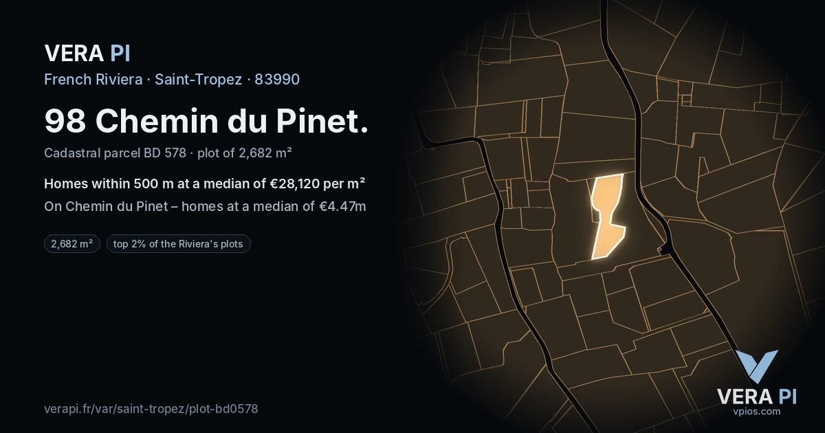 98 Chemin du Pinet, Saint-Tropez at night – the plot lit, the parcels around coloured by the prices near them