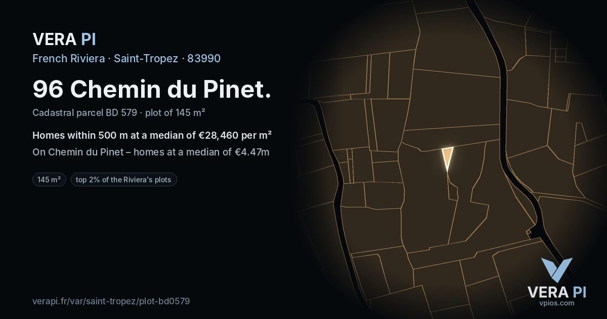 96 Chemin du Pinet, Saint-Tropez at night – the plot lit, the parcels around coloured by the prices near them