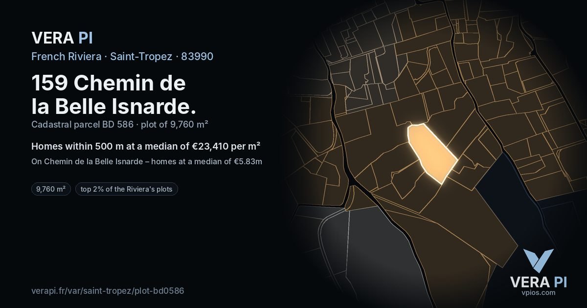159 Chemin de la Belle Isnarde, Saint-Tropez at night – the plot lit, the parcels around coloured by the prices near them
