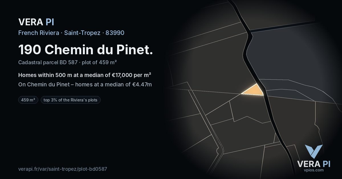 190 Chemin du Pinet, Saint-Tropez at night – the plot lit, the parcels around coloured by the prices near them