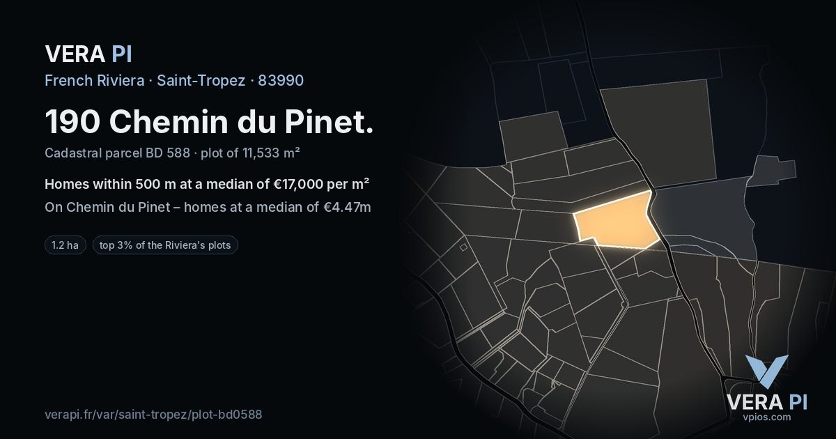 190 Chemin du Pinet, Saint-Tropez at night – the plot lit, the parcels around coloured by the prices near them