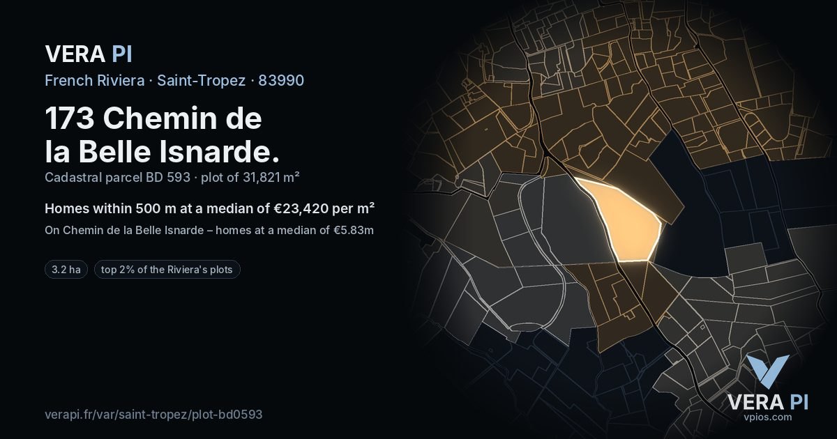 173 Chemin de la Belle Isnarde, Saint-Tropez at night – the plot lit, the parcels around coloured by the prices near them
