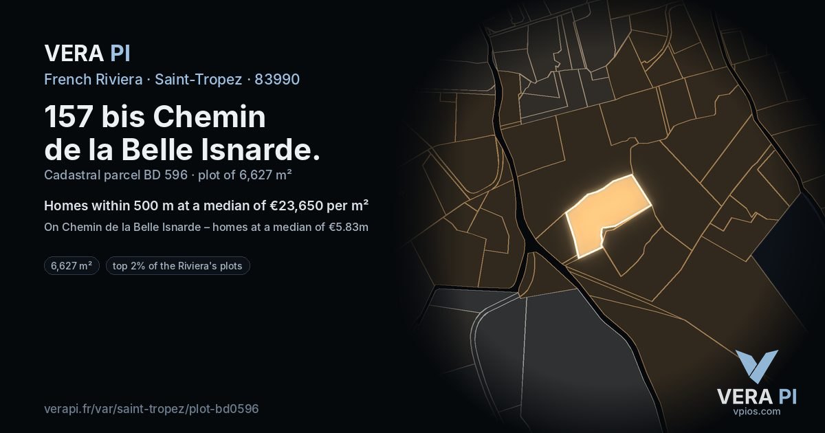 157 bis Chemin de la Belle Isnarde, Saint-Tropez at night – the plot lit, the parcels around coloured by the prices near them