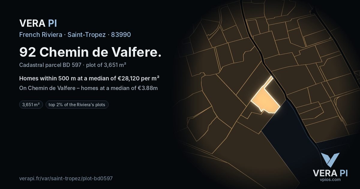 92 Chemin de Valfere, Saint-Tropez at night – the plot lit, the parcels around coloured by the prices near them