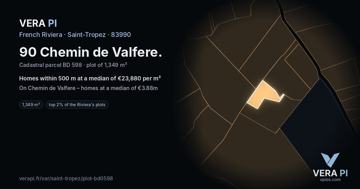 90 Chemin de Valfere, Saint-Tropez at night – the plot lit, the parcels around coloured by the prices near them