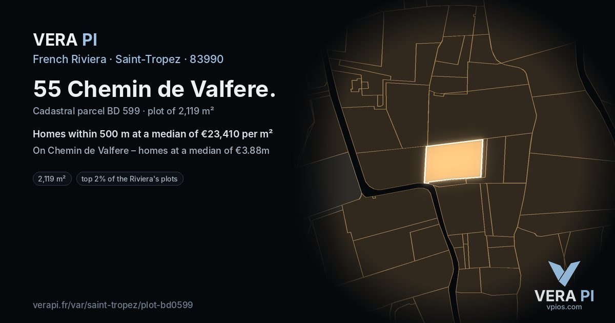 55 Chemin de Valfere, Saint-Tropez at night – the plot lit, the parcels around coloured by the prices near them