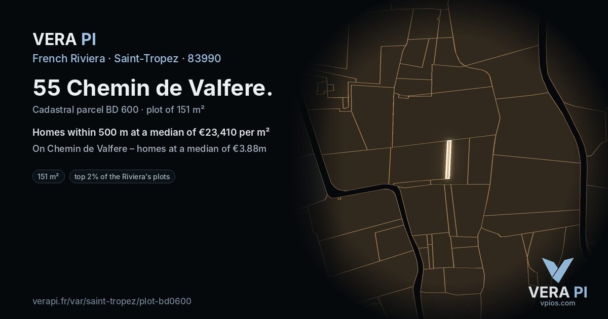 55 Chemin de Valfere, Saint-Tropez at night – the plot lit, the parcels around coloured by the prices near them