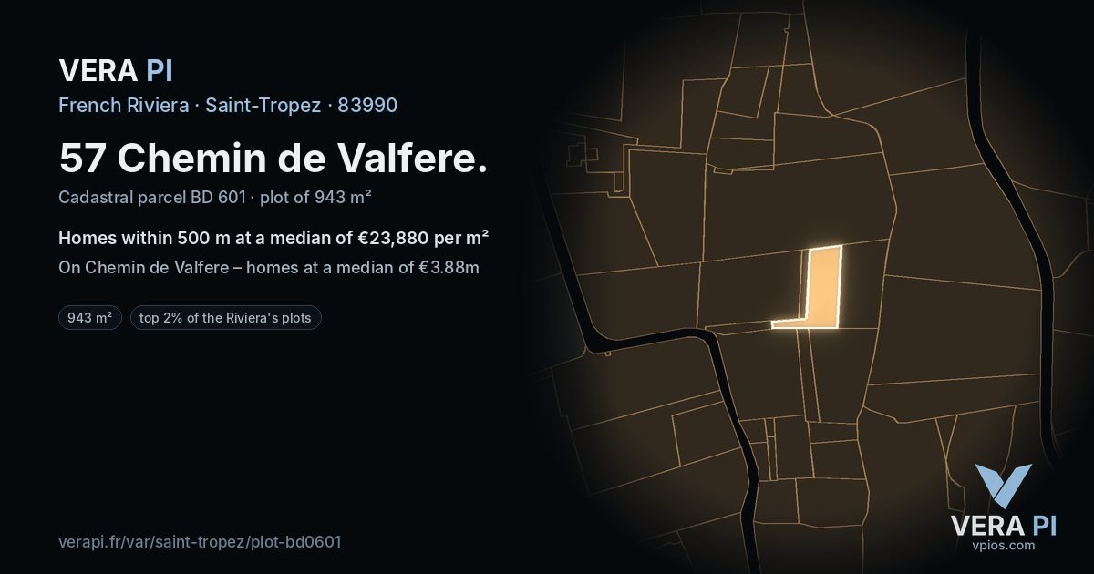 57 Chemin de Valfere, Saint-Tropez at night – the plot lit, the parcels around coloured by the prices near them