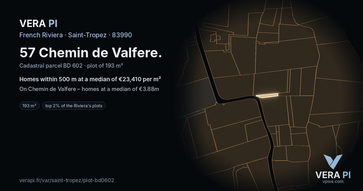57 Chemin de Valfere, Saint-Tropez at night – the plot lit, the parcels around coloured by the prices near them