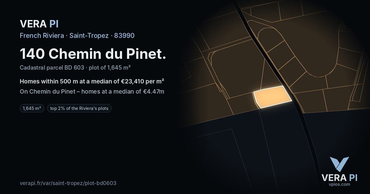 140 Chemin du Pinet, Saint-Tropez at night – the plot lit, the parcels around coloured by the prices near them