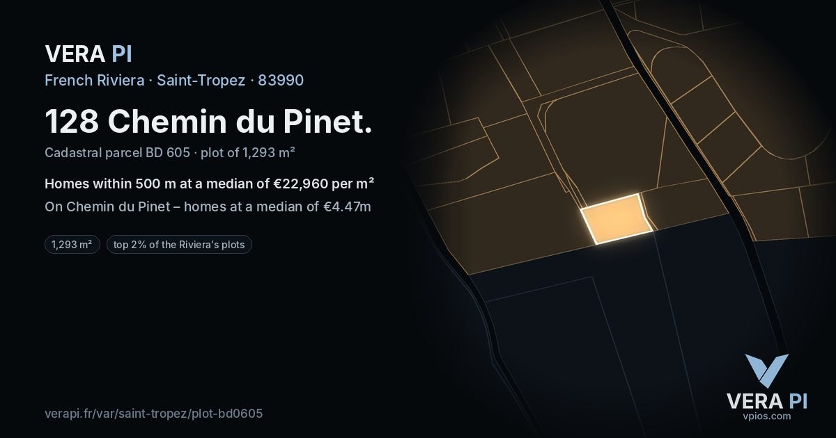 128 Chemin du Pinet, Saint-Tropez at night – the plot lit, the parcels around coloured by the prices near them