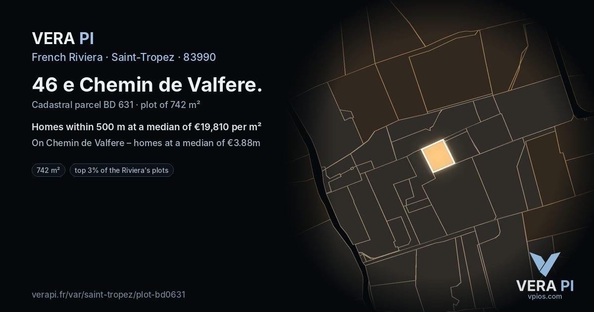 46 e Chemin de Valfere, Saint-Tropez at night – the plot lit, the parcels around coloured by the prices near them